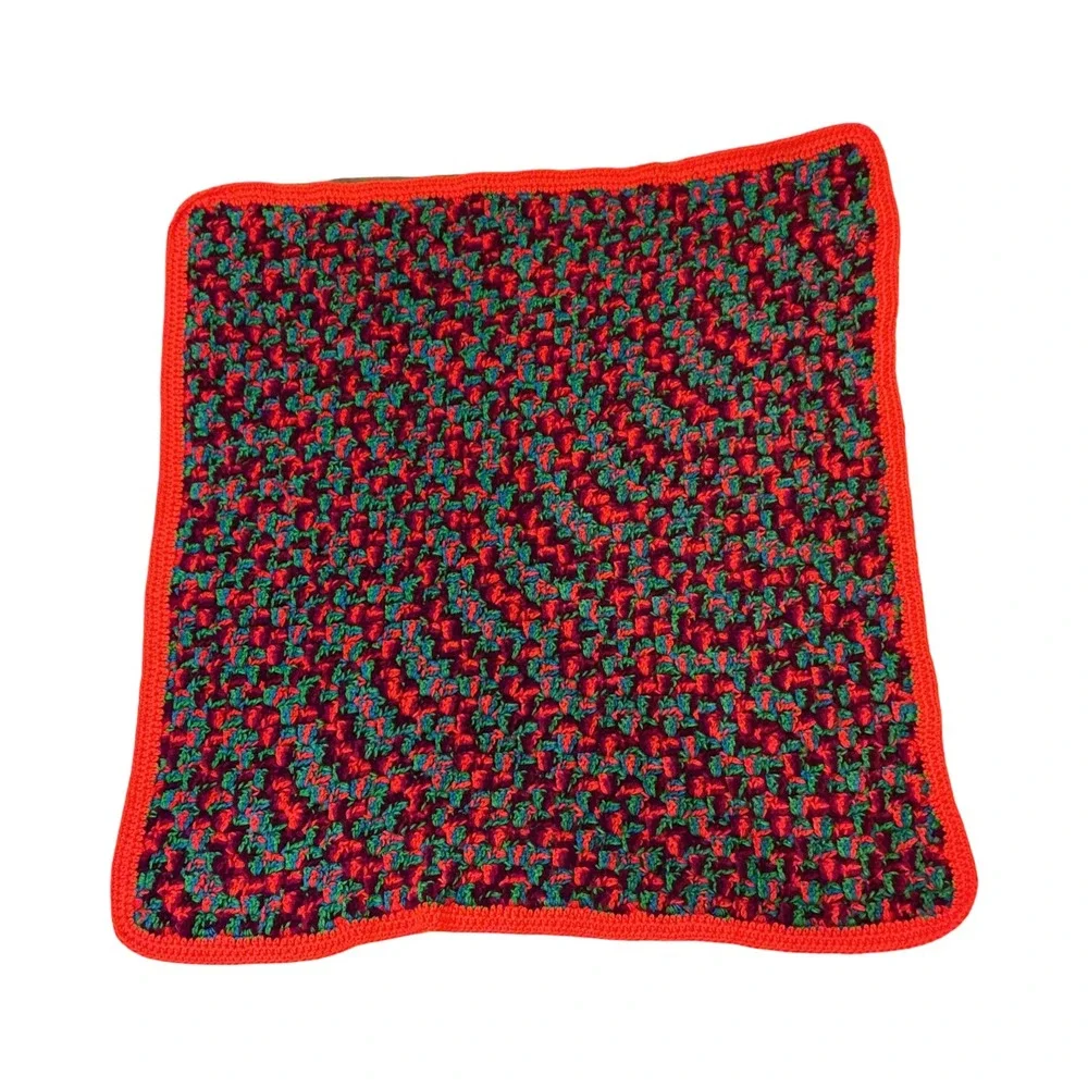 Handmade Vintage Crochet Lap Blanket Afghan Multi Color Orange Border‎ 32x34